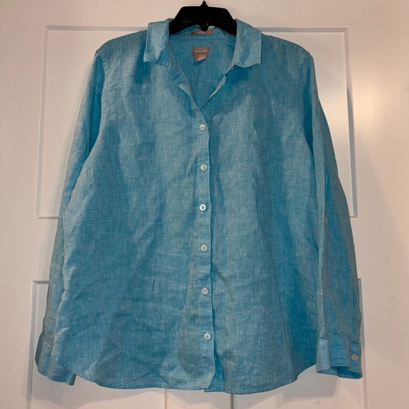 Chico's Tops - Chico’s 100% linen button down shirt Aqua Blue sz 16/18